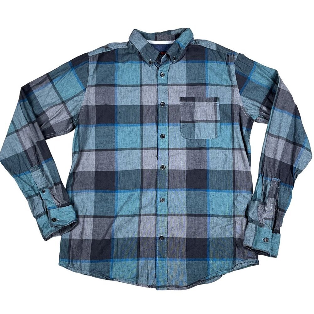 Stoic Long Sleeve Blue & Grey Button Down 100% Cotton Shirt Size Medium‎